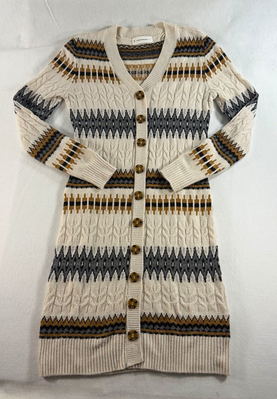 Lucky Brand Women’s M Fair Isle Cable Knit Sweater Dress Long Cardigan Button Fr